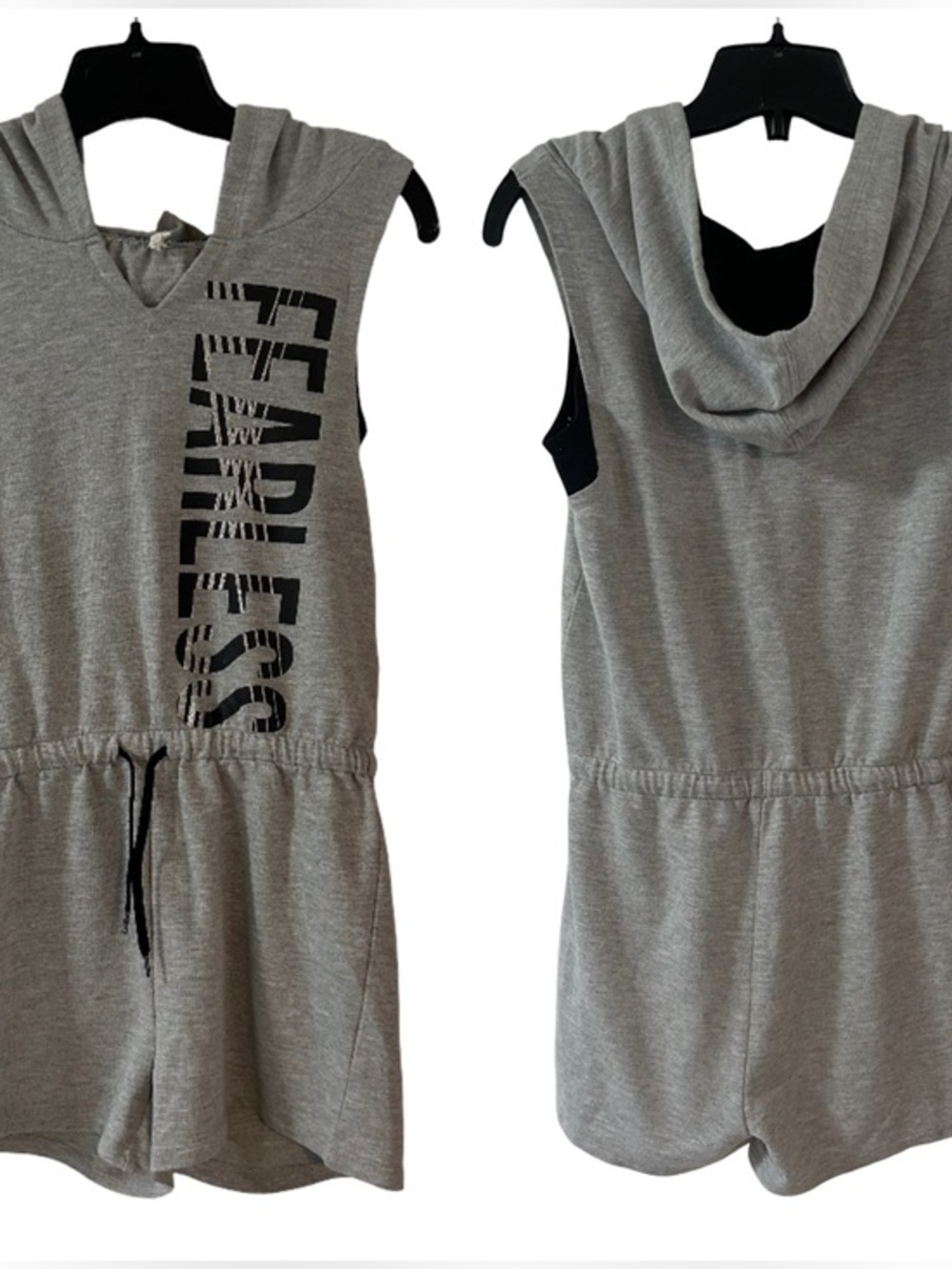 Ideology Gray Sleeveless Hooded Romper with Black/Metallic FEARLESS Print